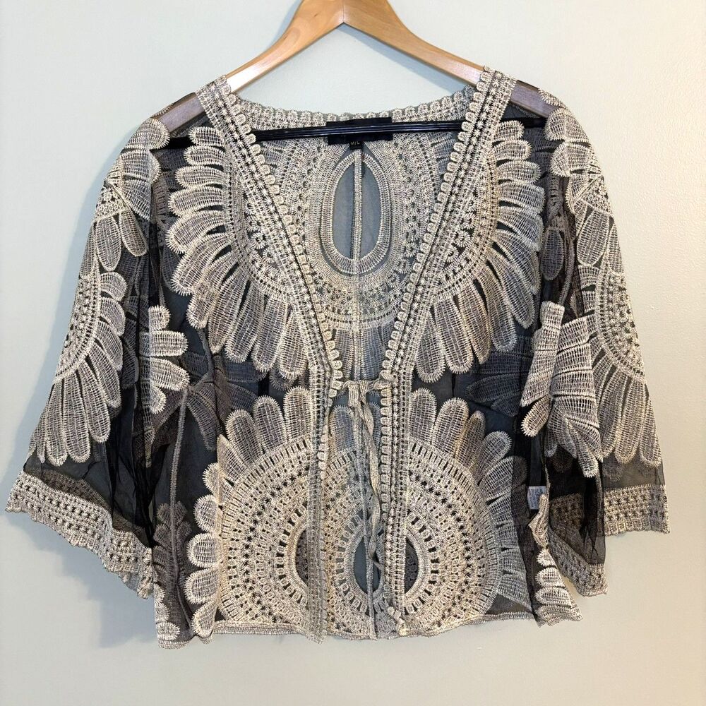 Talk of the Walk Kimono Cardigan Black Mesh Gold Embroidery Sz M/L Boho Nomadic